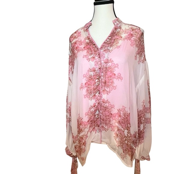 forever that girl Tops - Forever That Girl x Anthropologie Floral Sheer Pink Peasant Blouse Bows Size XS